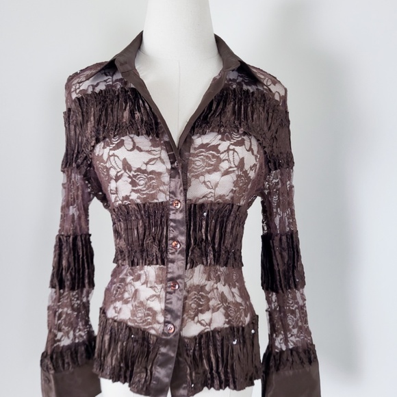 Lace long sleeve blouse button down sheer satin patchwork crinkle - Picture 3 of 14